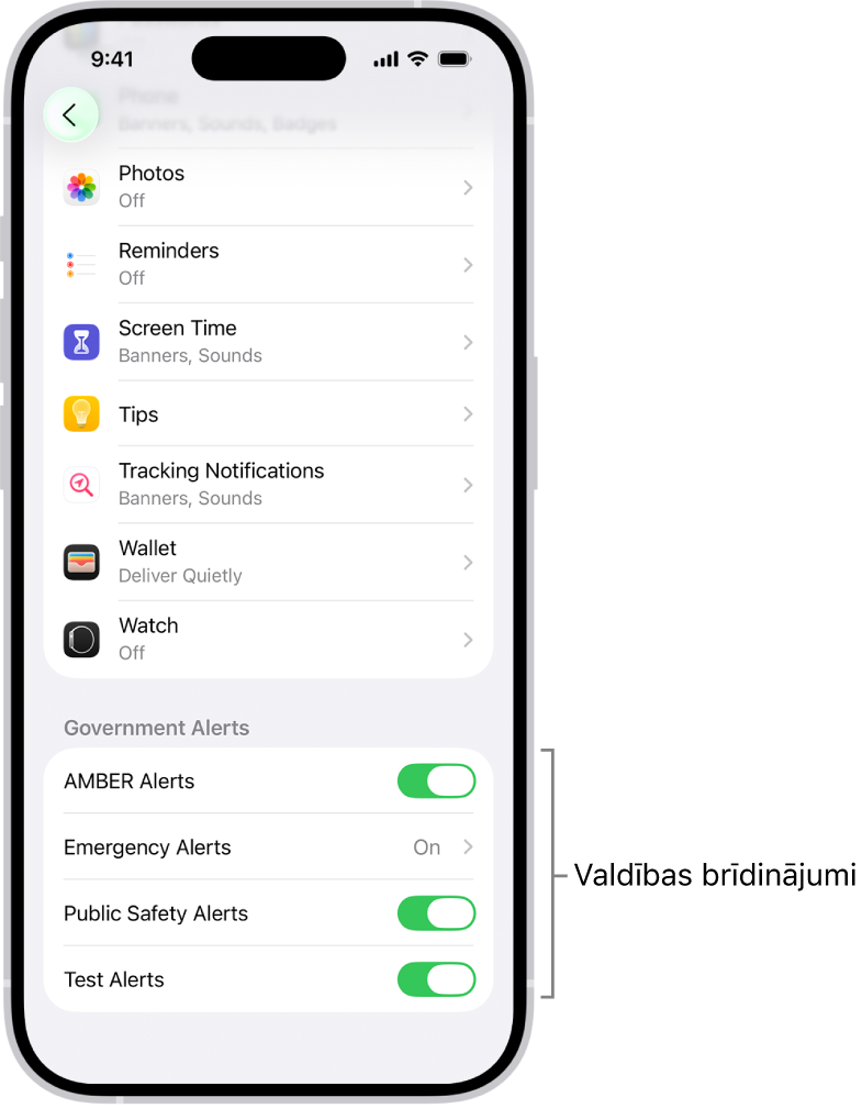 Ekrāns Notifications, kurā redzams iestatījums Government Alerts, ko varat ieslēgt, lai saņemtu valsts iestāžu brīdinājumus.