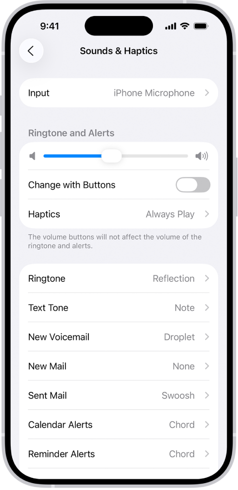 Ekrāns Sounds and Haptics lietotnē Settings.