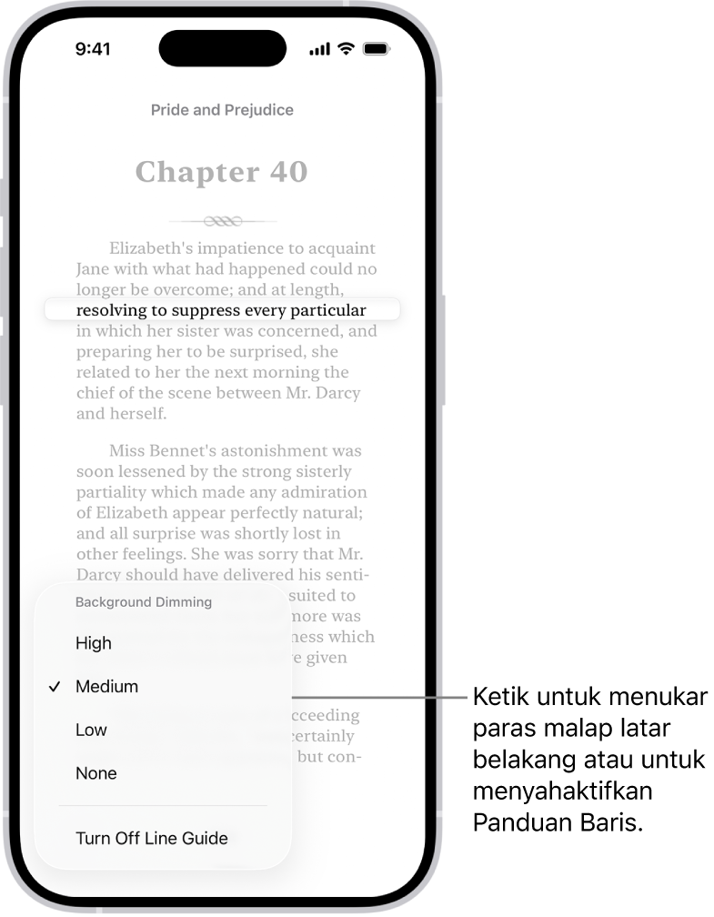 Halaman buku dalam app Buku. Satu baris teks diserlahkan dan teks yang lain dimalapkan. Di penjuru kiri bawah skrin ialah butang Menu Panduan Baris.