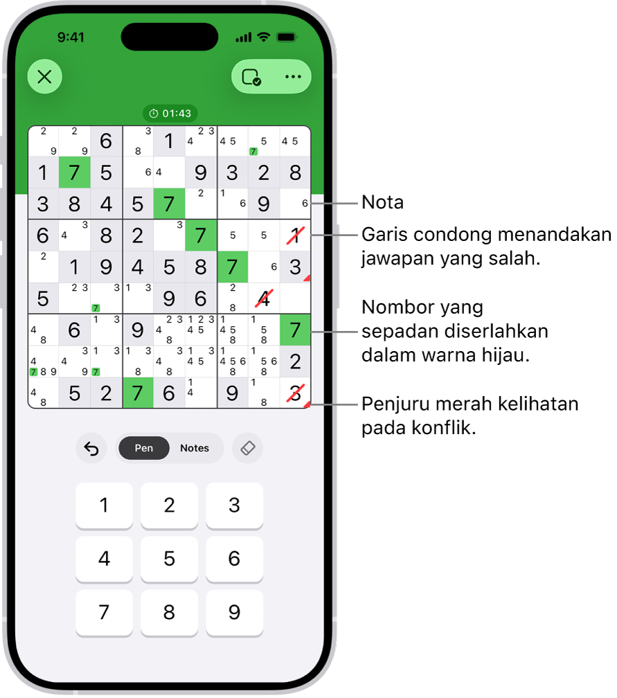 Teka-teki sudoku dengan beberapa ciri diaktifkan: Nota, Serlahkan Nombor Sepadan, Tunjukkan Konflik dan Autocheck.