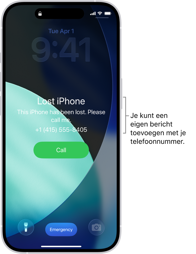 Het toegangsscherm van een iPhone met een bericht over een kwijtgeraakte iPhone. Je kunt een eigen bericht toevoegen met je telefoonnummer.