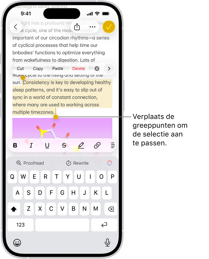 Tekst is geselecteerd in een notitie in de Notities-app. Boven de geselecteerde tekst staan de knoppen 'Knip', 'Kopieer', 'Plak' en 'Vul automatisch in'. De geselecteerde tekst is gemarkeerd, met aan beide uiteinden greeppunten om de selectie aan te passen.