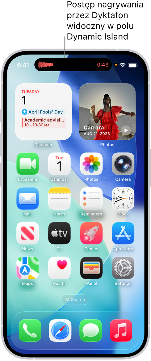Ekran główny iPhone’a 14 Pro z nagrywaną na żywo notatką głosową widoczną w polu Dynamic Island u góry ekranu.