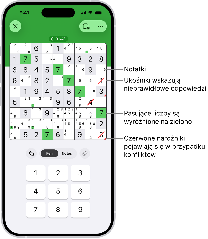 Sudoku z kilkoma włączonymi funkcjami: notatkami, wyróżnianiem pasujących cyfr, pokazywaniem konfliktów oraz automatycznym sprawdzaniem.
