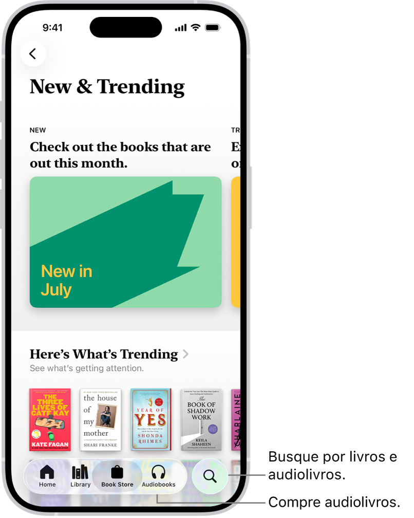 A tela da Loja de Livros no app Livros. Na parte inferior da tela, da esquerda para a direita, as abas Início, Biblioteca, Loja de Livros, Audiolivros e Buscar. A aba Loja de Livros está selecionada.