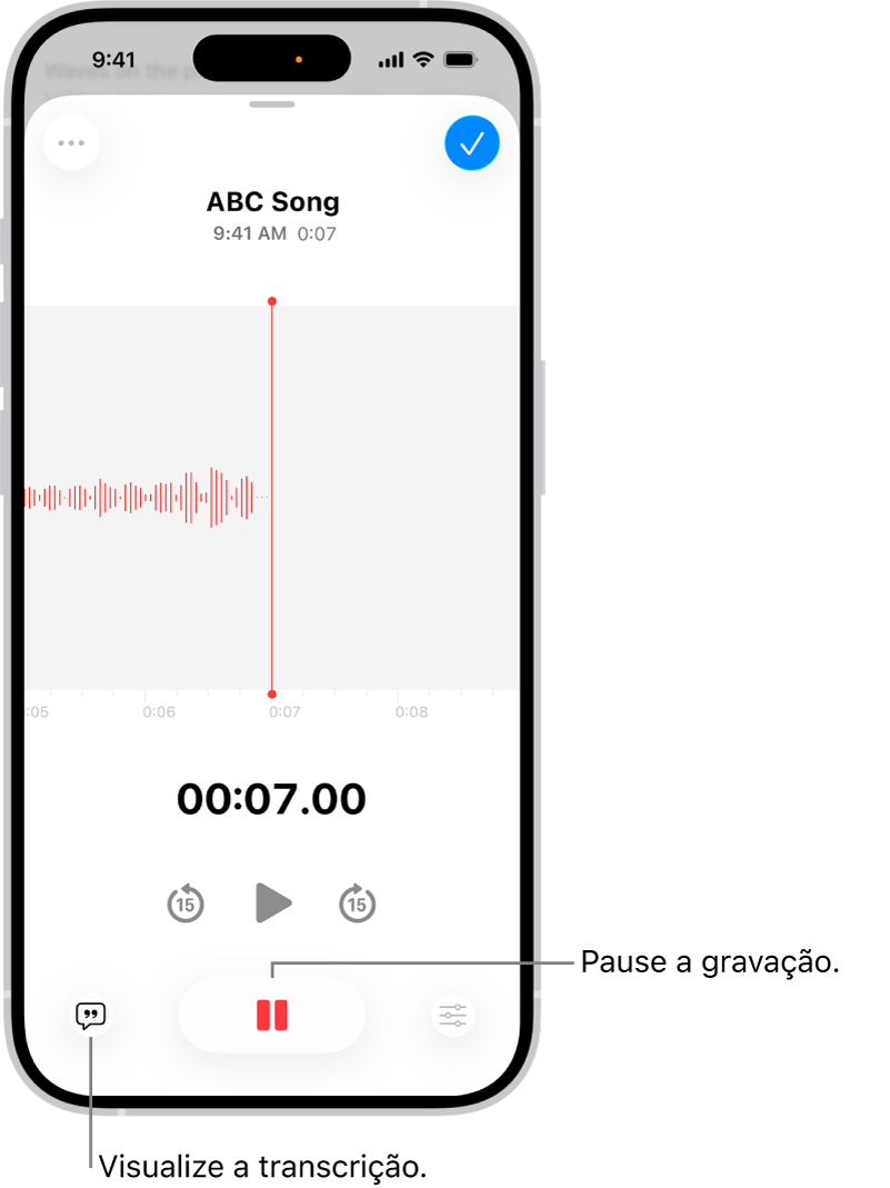 Gravação no app Gravador, mostrando a forma de onda da gravação que está em andamento, além de um indicador de tempo e um botão para pausar a gravação.