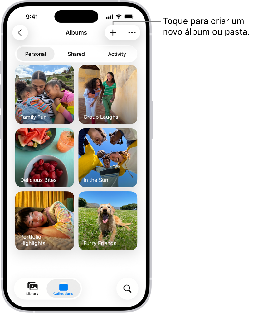 A coleção Álbuns no app Fotos. Uma grade de álbuns está na tela. Na parte superior da tela, da esquerda para a direita, estão os botões Voltar, Novo Álbum e Mais. Abaixo disso, os botões para visualizar álbuns por Pessoal, Compartilhado ou Atividade. Na parte inferior da tela, da esquerda para a direita, estão os botões Fototeca, Coleções e Buscar.