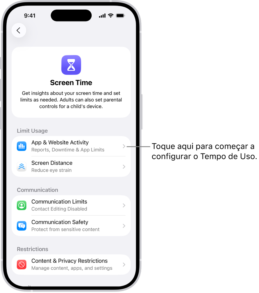 Tela de configuração do Tempo de Uso mostrando que é preciso tocar em Atividade em Apps e Sites para começar.