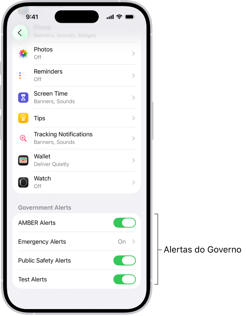 Tela de Notificações, mostrando os Alertas do Governo que você pode ativar para receber alertas do governo.