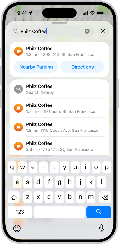 Uma localização é inserida no campo de busca do app Mapas e os resultados estão listados abaixo.