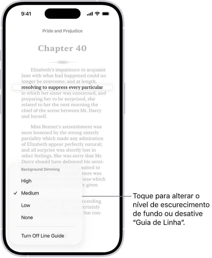 Página de um livro no app Livros. Uma única linha de texto é destacada e o restante do texto fica esmaecido. No canto inferior esquerdo da tela, está o botão do Menu de Guia de Linha.