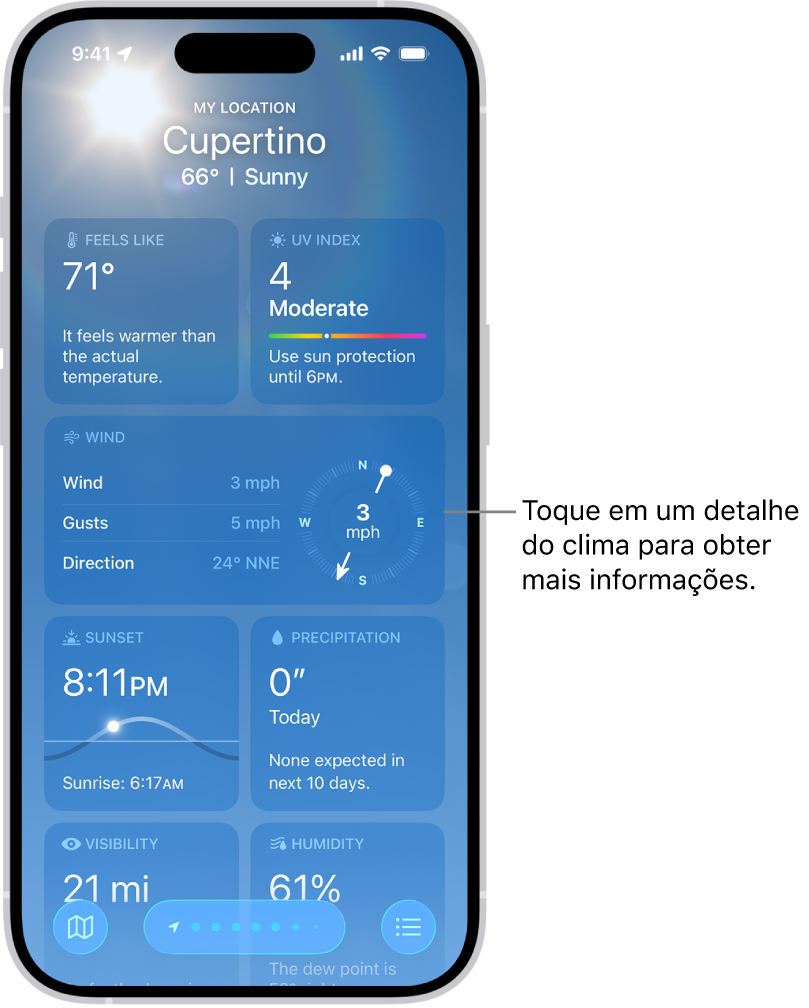 App Tempo mostrando a localização atual na parte superior e, abaixo, a temperatura e condição do tempo atuais. O restante da tela contém detalhes do clima, incluindo índice UV, vento e precipitação.