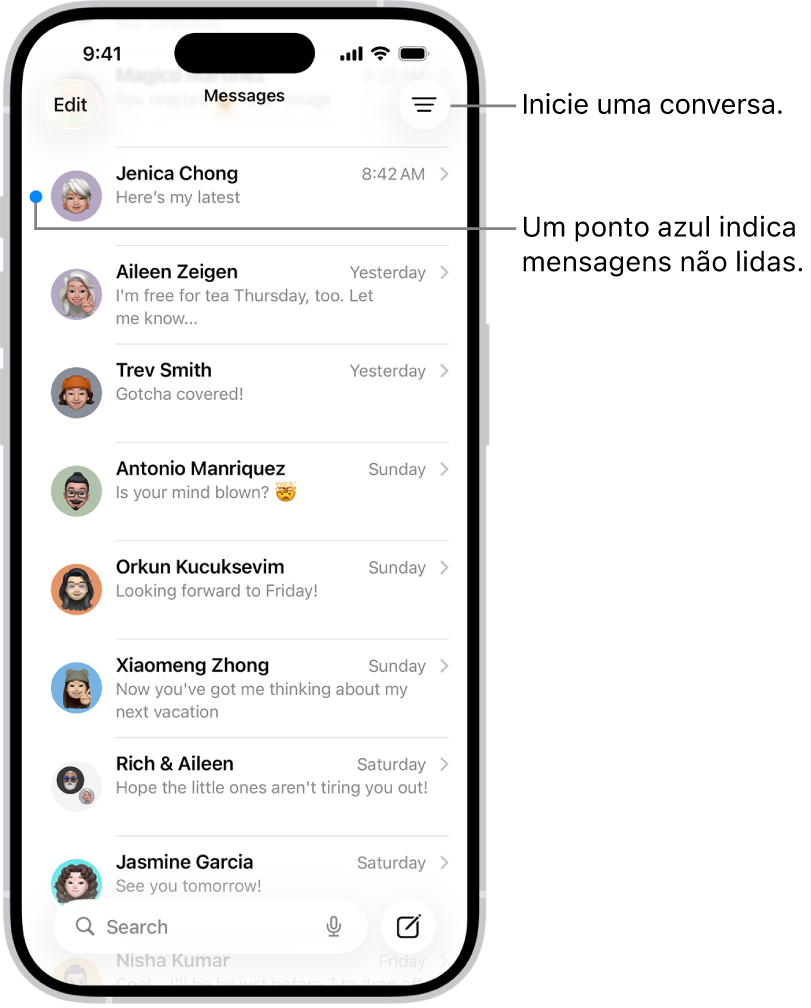 Lista de conversas no app Mensagens, com o botão Redigir na parte inferior direita. Um ponto azul à esquerda de uma mensagem significa que ela não foi lida.