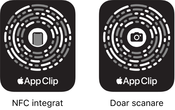 În stânga, un cod App Clip integrat în NFC cu pictograma unui iPhone în centru. În dreapta, un cod App Clip doar pentru scanare cu pictograma unei camere în centru.