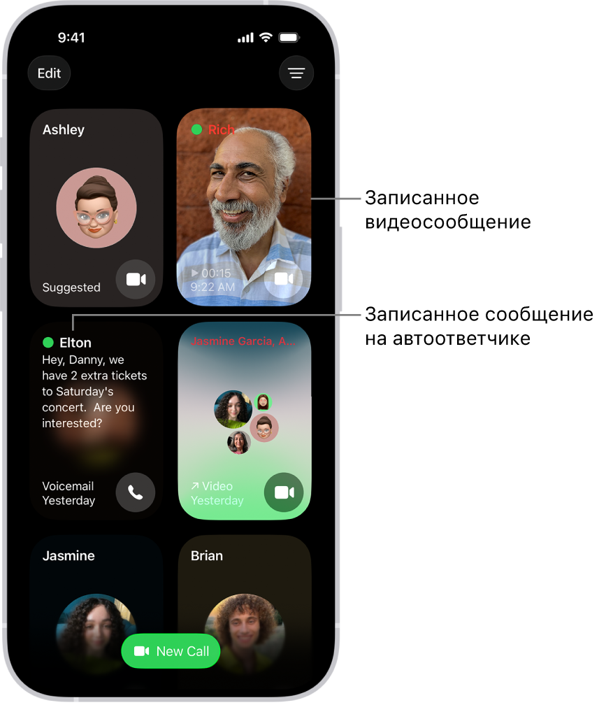 В истории вызовов FaceTime показан предложенный контакт, записанное видеосообщение, сообщение голосовой почты и групповой видеовызов FaceTime.