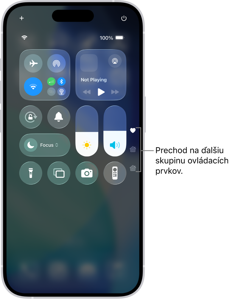 Ovládacie centrum otvorené na obrazovke iPhone s ikonami vpravo na zobrazenie ďalších skupín ovládacích prvkov.