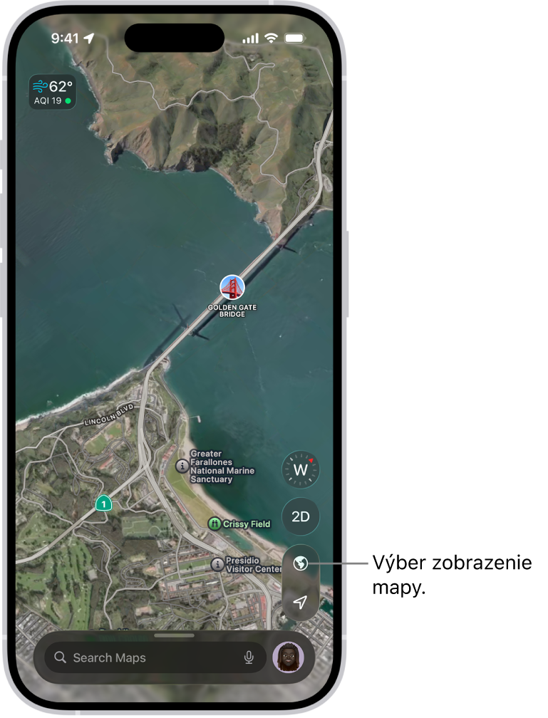 3D mapa ulice a parku zobrazuje stromy, body záujmu a dôležité prvky ako toalety.