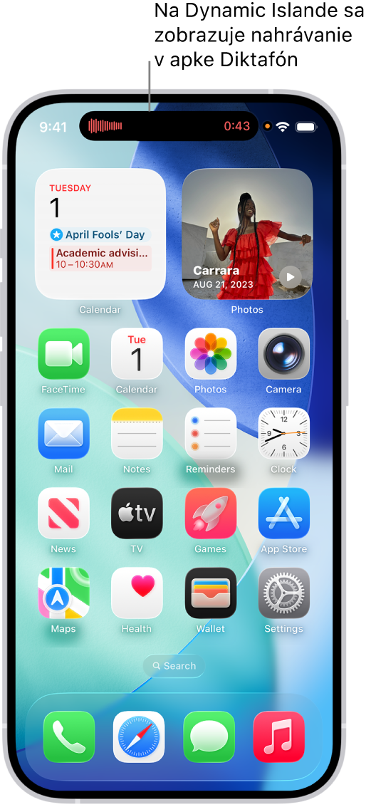 Plocha iPhonu 14 Pro, na ktorej vidno nahrávanie v apke Diktafón v Dynamic Islande v hornej časti obrazovky.