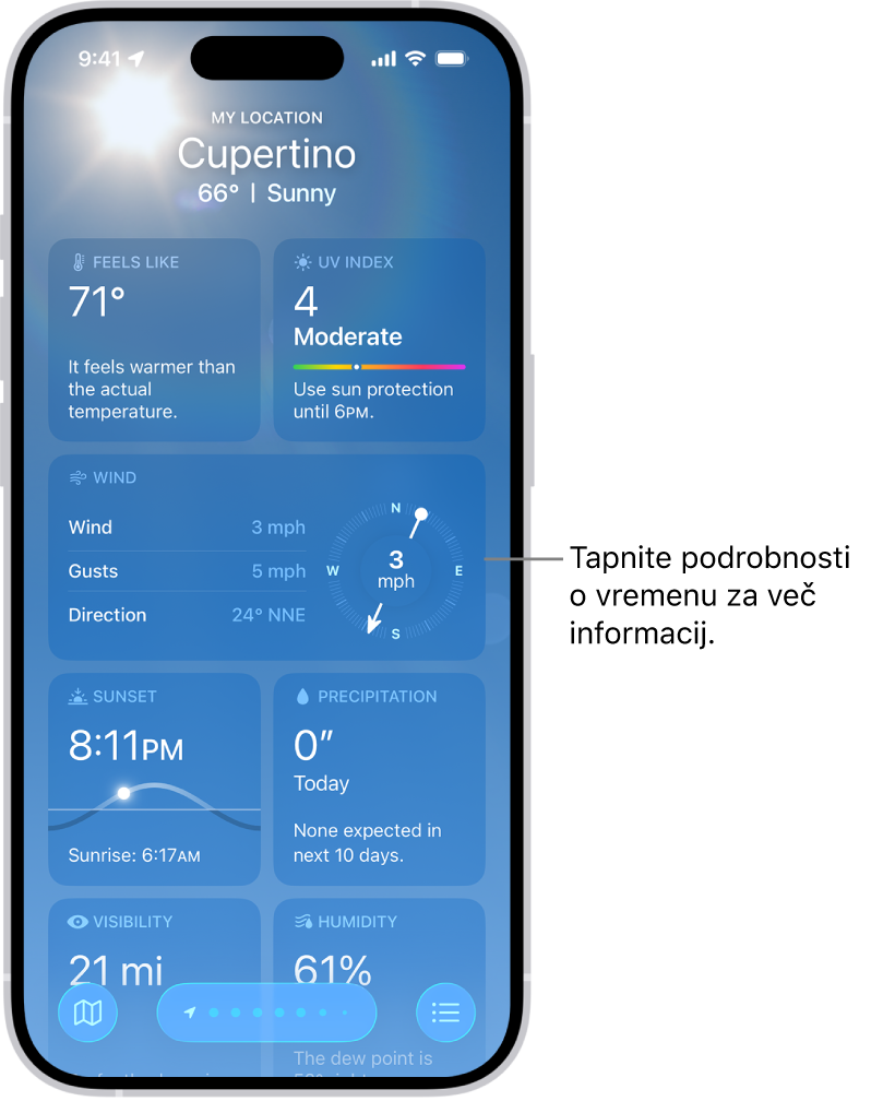 Aplikacija Vreme s prikazom trenutne lokacije na vrhu ter spodaj trenutni pogoj temperature in vremena. Preostali del zaslona vsebuje podrobnosti o vremenu, vključno z indeksom UV, vetrom in padavinami.
