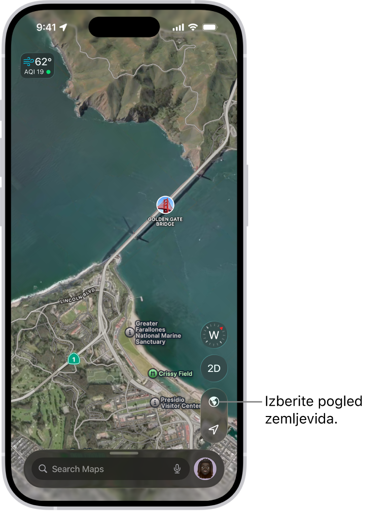 3D zemljevid ulic in parkov, ki prikazuje drevesa, zanimive točke in lokacije, kot so stranišča.