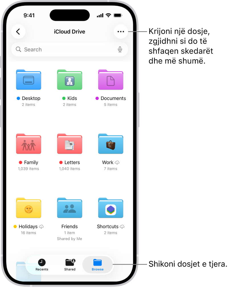 Aplikacioni Files që shfaq skedarët dhe dosjet në iCloud Drive. Menyja More ka opsionet për zgjedhjen e artikujve, krijimin e dosjeve të reja, skanimin e dokumenteve dhe lidhjen me serverin. Më poshtë janë opsionet për të parë artikujt në ekran si Icons ose List. Në fund janë opsionet e renditjes për Name, Kind, Date, Size dhe Tags, ndjekur nga View Options.