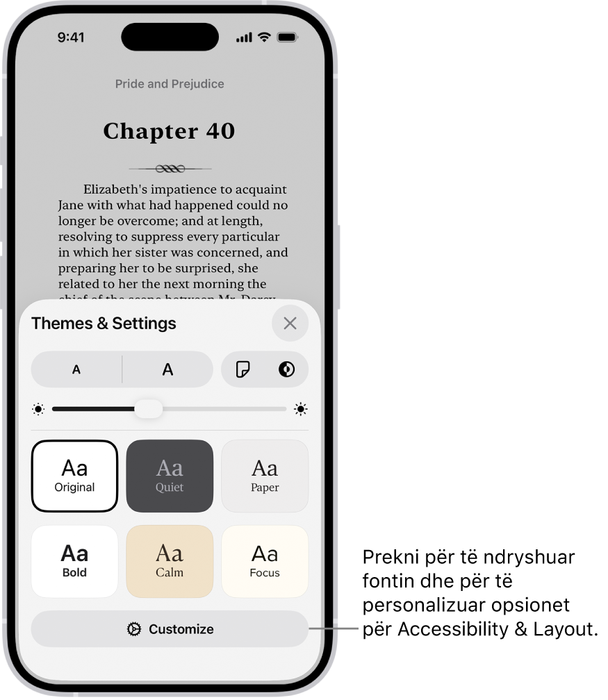 Një faqe e një libri në aplikacionin Books. Opsionet Themes dhe Settings tregojnë kontrollet për madhësinë e shkronjave, pamjen e lëvizjes, stilin e kthimit të faqes, ndriçimin dhe stilet e fontit.