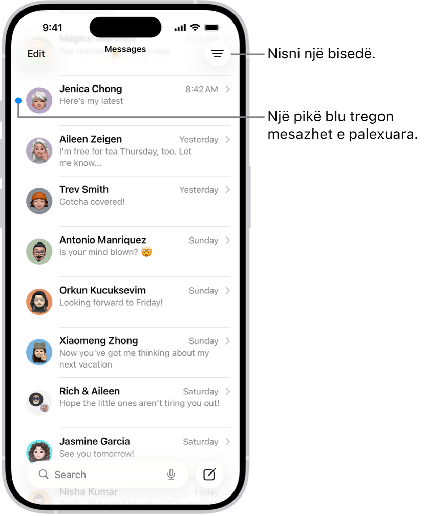 Lista e bisedave të Messages, me butonin Compose në fund. Një pikë blu në të majtë të mesazhit tregon që është i palexuar.