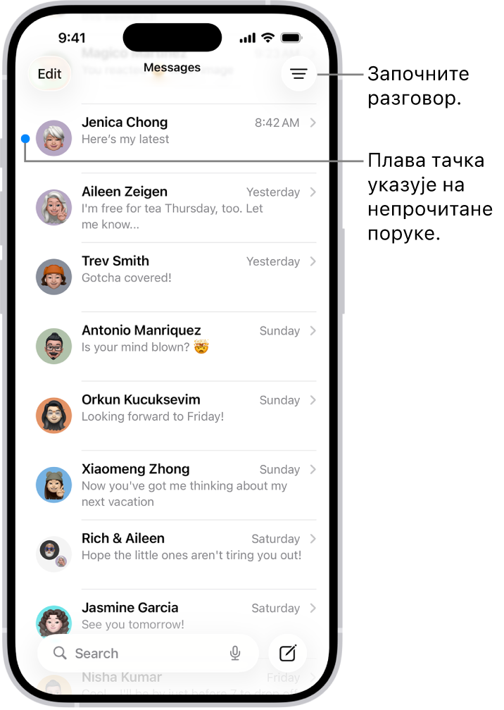 Листа преписки у апликацији Messages са дугметом Compose у доњем десном углу. Плава тачка са леве стране поруке указује на непрочитану поруку.