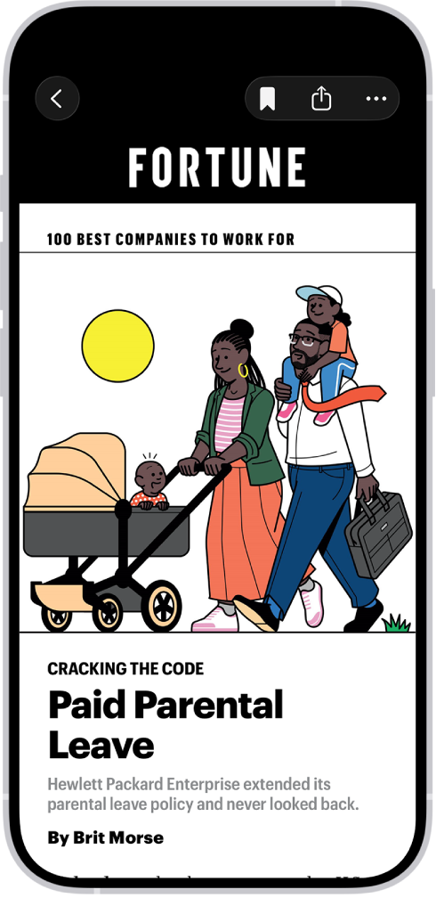 En artikel från Apple News. I det övre vänstra hörnet av skärmen finns tillbakaknappen för att återgå till affärsrelaterade nyheter. I det övre högra hörnet finns knapparna Spara, Dela och Mer.