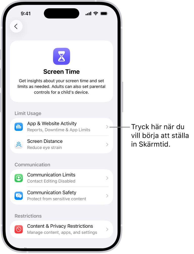 Skärmen för inställning av Skärmtid som visar att du trycker på App- och webbplatsaktivitet för att komma igång.