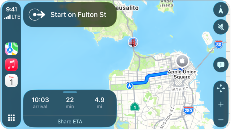 CarPlay ที่แสดงแผนที่ เพลง และปฏิทินในแถบด้านข้าง ทางด้านขวาคือเส้นทางการนำทางจาก Apple Park ไปยัง Apple Union Station