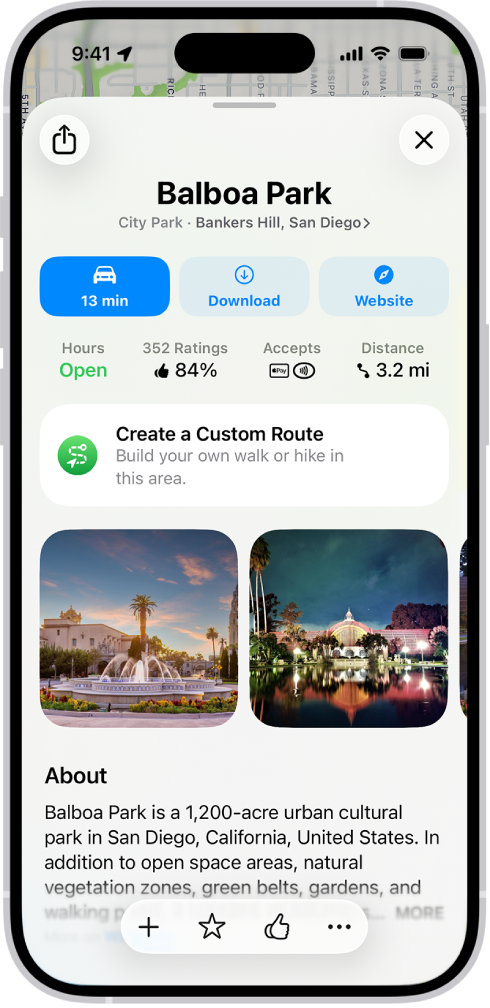 บัตรสถานที่สำหรับพิพิธภัณฑ์ที่มีสถานะการเปิด การจัดอันดับ คำอธิบาย รูปภาพ และปุ่มเพื่อโทรศัพท์ติดต่อ ไปที่เว็บไซต์ หรือซื้อตั๋ว