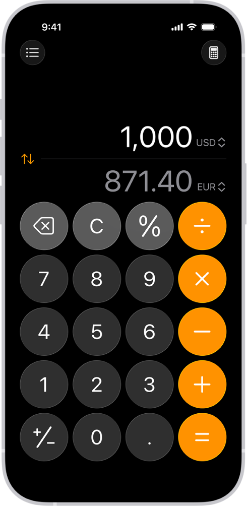 เครื่องคิดเลขแบบพื้นฐานที่มีการแปลงสกุลเงินบน iPhone