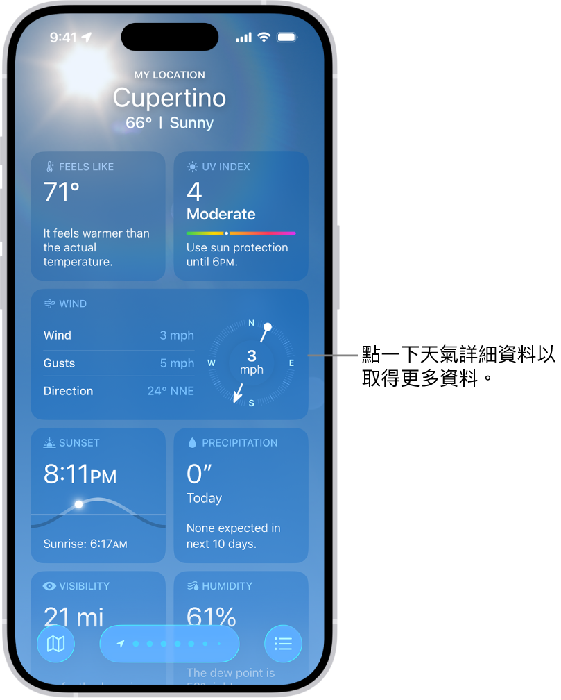 「天氣」App 的最上方顯示目前位置，其下方是目前溫度和天氣概況。畫面其餘部份顯示的天氣詳細資料包括紫外線指數、風和降水。