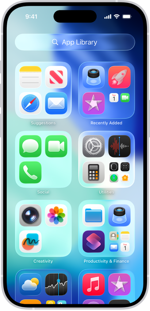 iPhone 上的 App 资源库显示按类别整理的 App,类别包括“工具”、“社交”和“娱乐”等。