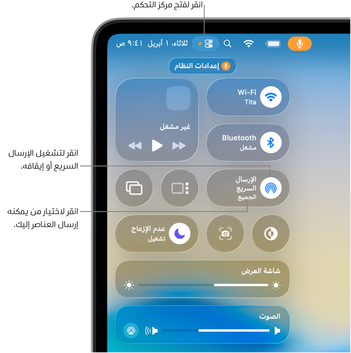 استخدام الإرسال السريع من مركز التحكم.
