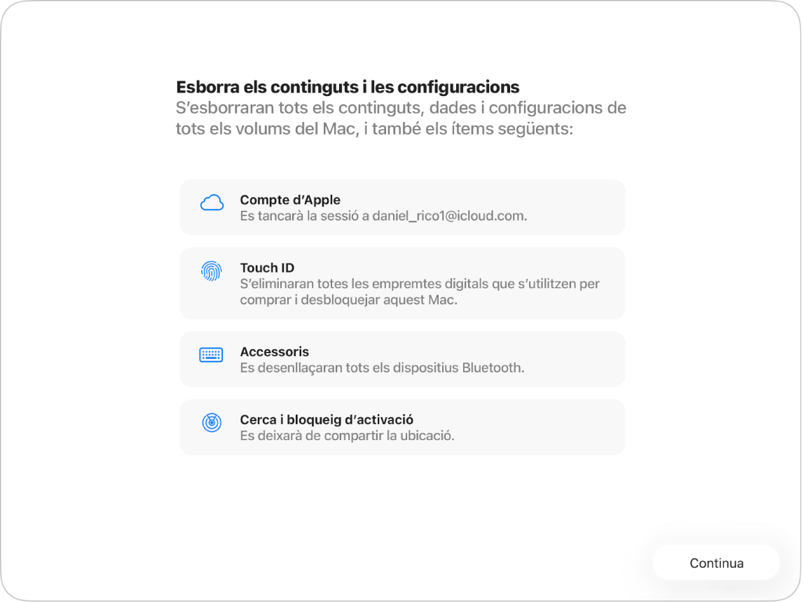 La finestra d’un Mac amb l’assistent per esborrar els continguts i les configuracions.