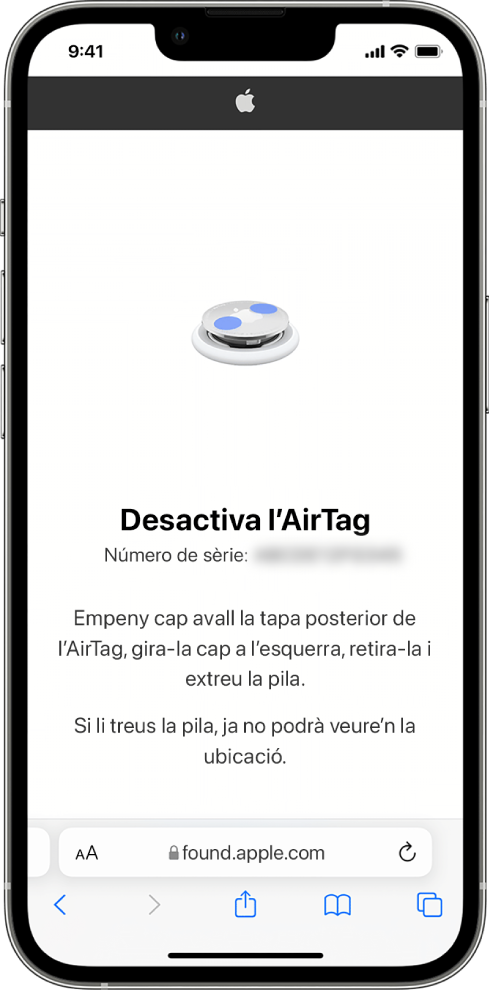 La pantalla d’un iPhone mostrant com es desactiva un AirTag.