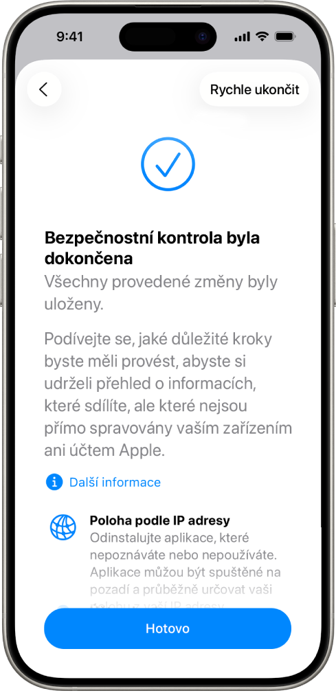 Obrazovka funkce Bezpečnostní kontrola informující o dokončení bezpečnostní kontroly