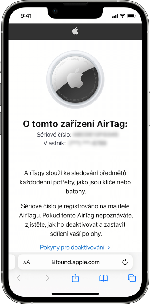 Displej iPhonu s informacemi o AirTagu