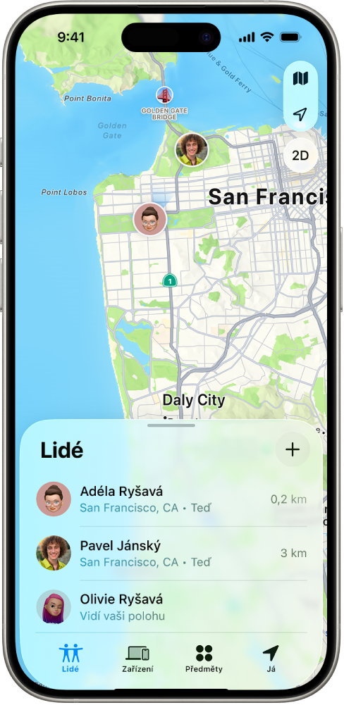 Displej iPhonu s polohou uživatele a polohami čtyř dalších uživatelů