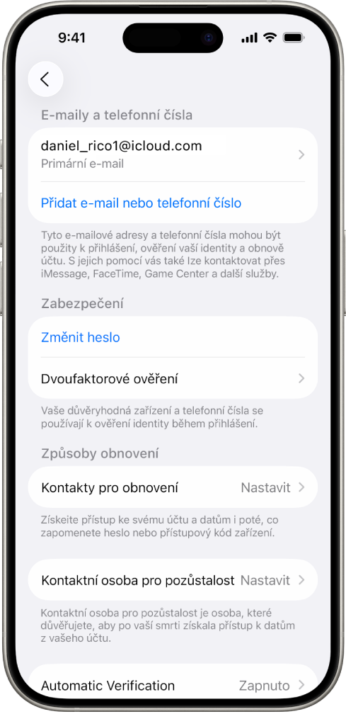 Displej iPhonu s vypnutým dvoufaktorovým ověřováním