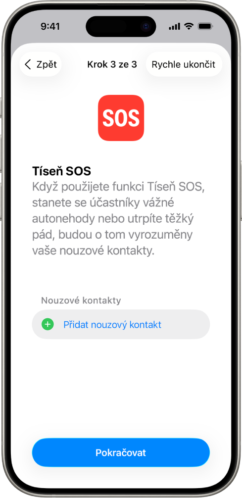 Displej iPhonu s obrazovkou funkce Tíseň SOS