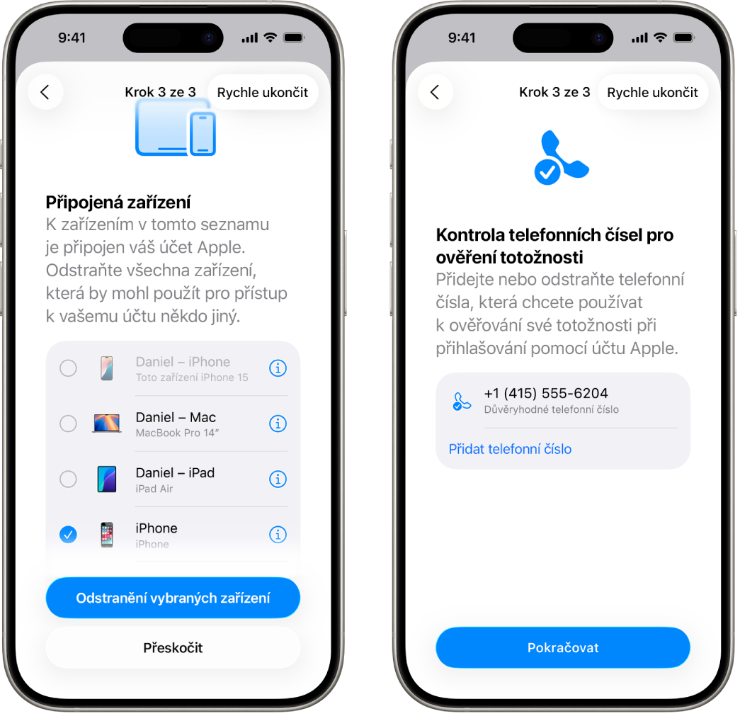 Displeje dvou iPhonů zobrazující (1) vybrané zařízení, které má být odstraněno z důvěryhodných zařízení, a (2) obrazovku pro úpravy důvěryhodných telefonních čísel