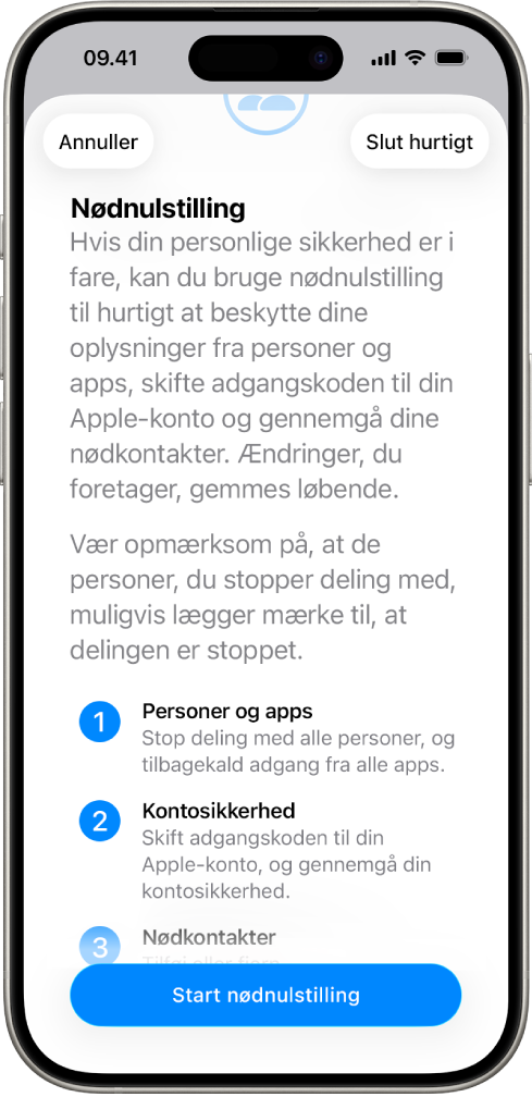 En skærm med knappen til at starte Nødnulstilling.