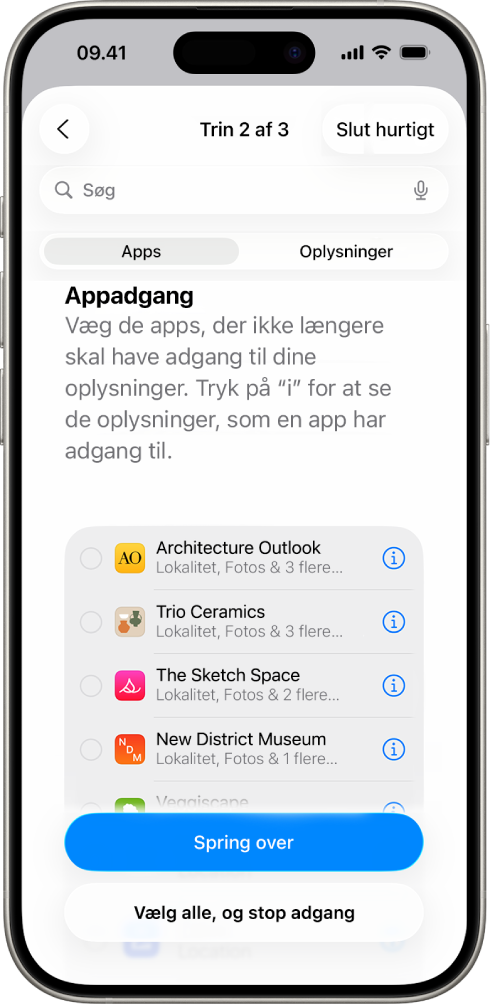 En skærm til Sikkerhedskontrol, som viser de oplysninger, der deles med specifikke apps.