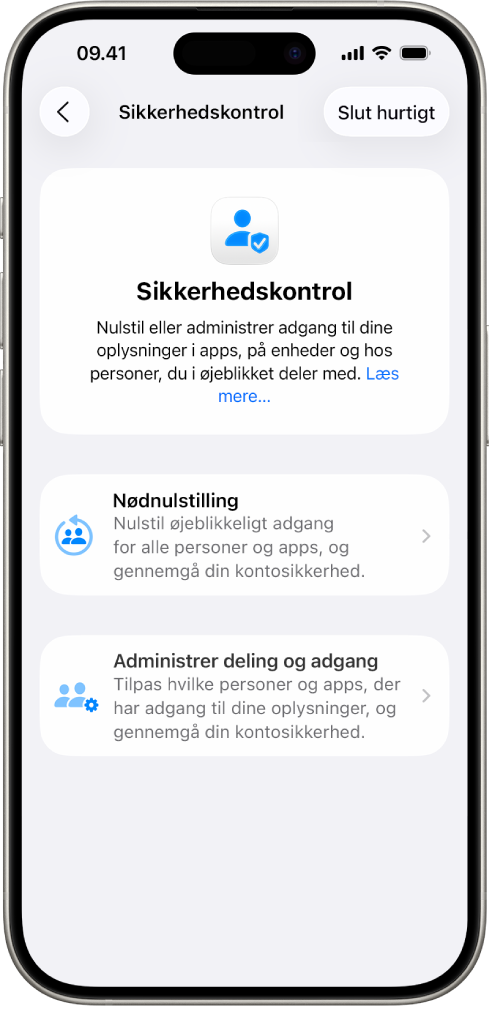 En iPhone med skærmen Sikkerhedskontrol.