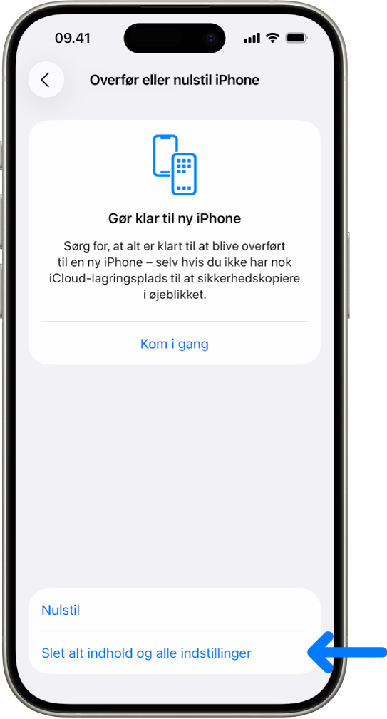 En iPhone-skærm med muligheden Slet alt indhold og indstillinger valgt.