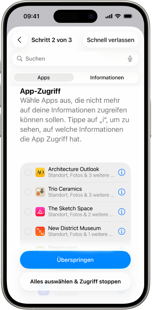 Ein Bildschirm der Sicherheitsprüfung zeigt Informationen, die mit bestimmten Apps geteilt werden.