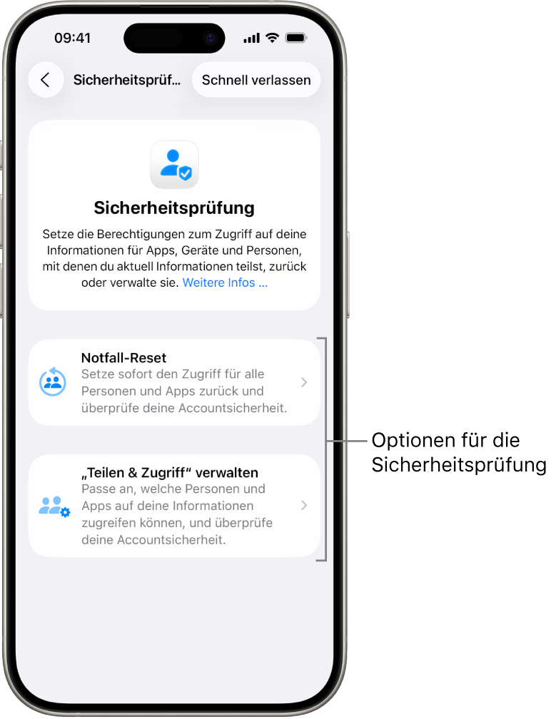 Ein Bildschirm zeigt die zwei Optionen, die mit der Sicherheitsprüfung verfügbar sind: „Notfall-Reset“ und „,Teilen & Zugriff‘ verwalten“.